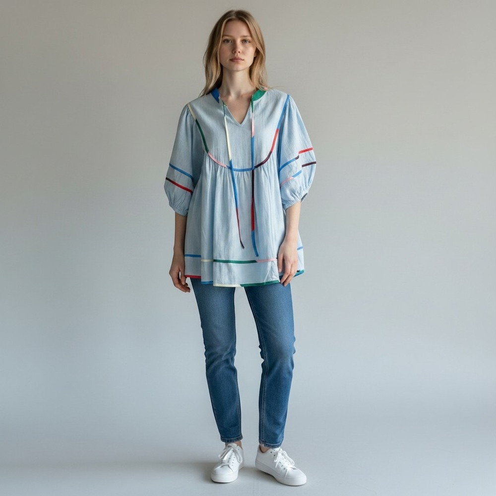 Cicy Bell Womens XL Light Blue Cotton Babydoll Puff Sleeve Blouse Rainbow Trim